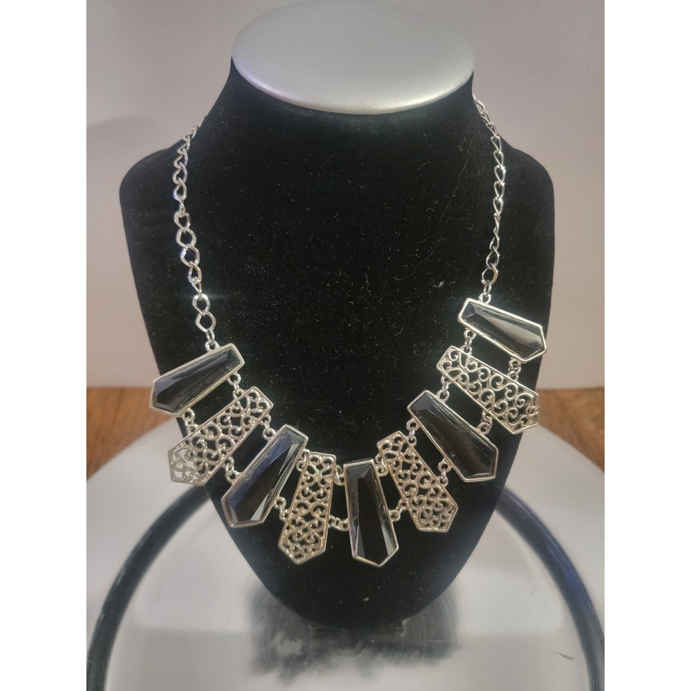 Silver Tone Black Geometric Bib Statement Necklace Filigree Gothic Boho